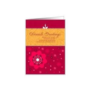 Diwali Greetings   Red and Pink Floral with Lamp Card