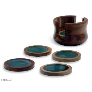  Green agate and cedar coasters,  Emerald (set of 6 