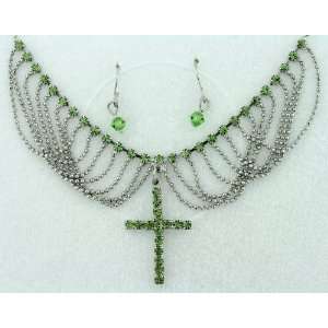  Unique Green Cross Chain Drop Necklace and Earrings Set 