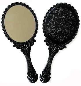 Anna Sui Style Vintage Shabby Black Hand Held Large Mirror Vanity 