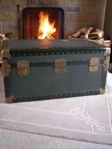 ANTIQUE VINTAGE GREEN STEAMER TRUNK BLANKET BOX ~ CHEST COFFEE TABLE 