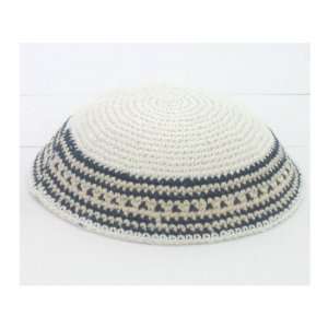  White Knitted Kippah with Grey and Blue Stripes 