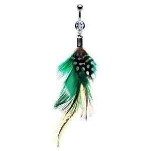   Ring Dangle with Green and Multi Color Feathers 