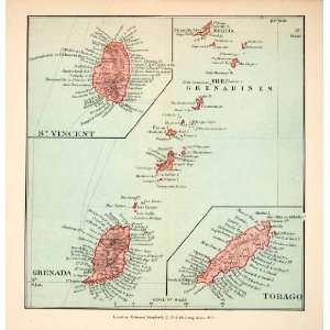  1907 Wood Engraved Map Saint Vincent Grenada Grenadines Tobago 