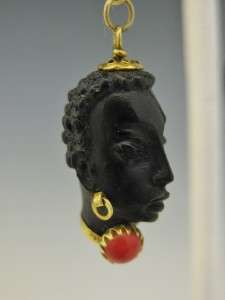 ITALIAN 18K YELLOW GOLD CARVED JET BLACKAMOOR EARRINGS W/ RED CORAL BY 