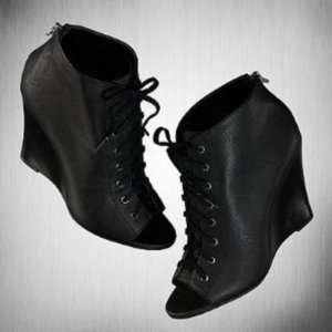   Womens Black Peep Toe Lace Up Wedge Booties Size 8: Everything Else