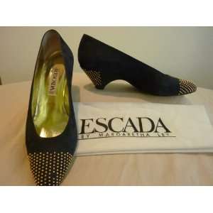  Vintage Escada Black Suede Low Heel with Gold Studs Size 8 
