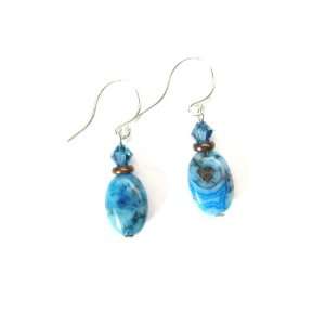   Blue Crazy Lace Agate Gemstone and Swarovski Crystal Dangle Earrings