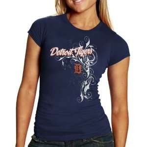  Detroit Tigers Ladies Navy Blue Tattoo T shirt: Sports 
