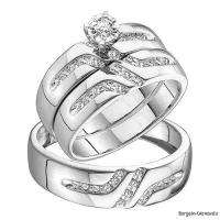 diamond 3 ring wedding band set engagement 10K gold bridal matching 