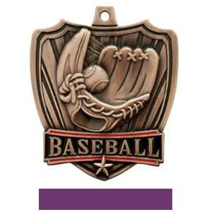   Custom Baseball Medals BRONZE MEDAL / PURPLE RIBBON 2.5 SHIELD Custom