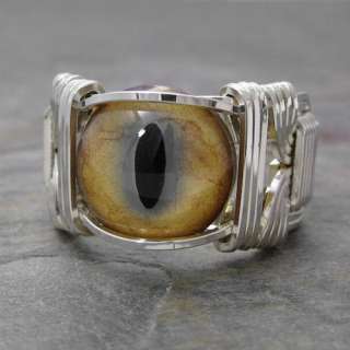 Glass Bobcat Eye Silver Wire Wrap Ring ANY size  