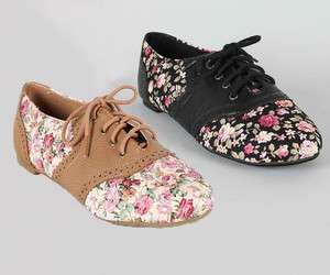 New Womens Brogued Lace Up Oxfords Flats Vintage Flower Print 