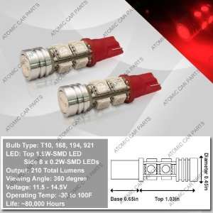   LED Bulbs (1.5W Top + 8x0.2W Side)   168/194/921/T10 Type, Red (Pair