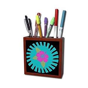   Hawaiian Flower On A Turquoise and Black Background   Tile Pen Holders