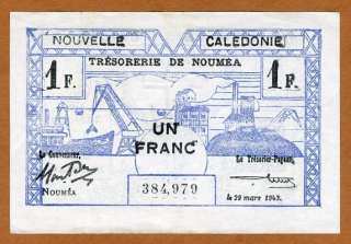 New Caledonia, 1 franc, 1943, P 55 (55a) XF+ >> Rare  