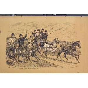  Horses Coach Racing Country Scene C1881 Sepia Old Print 