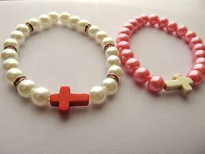 Celeb Style Sideways Cross Pearl Bracelet Choose Pink or White 