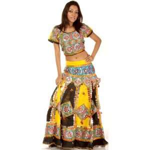  Yellow Ghagra Choli from Kutch with Large Sequins   Pure 