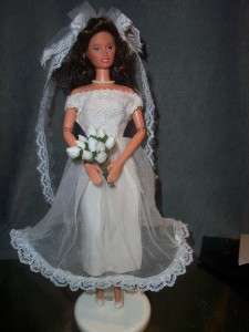 Brunette LACE BRIDE barbie wedding gown OOAK VEIL DOLL  