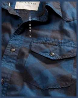 American Eagle AE Mens Vintage Fit Western BLUE Plaid Shirt NEW L FREE 