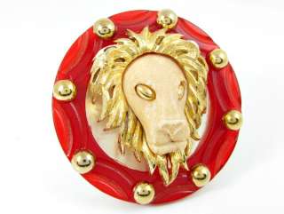 RAZZA LION BAKELITE Pin Carved Gold Leo Zodiac Brooch Assemblage OOAK 