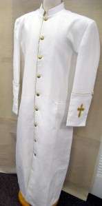 New Mens Clergy Preacher Pastor Cassock Robe White/Gold With Cross on 