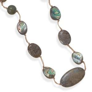   Sterling Silver 16+2 Jasper and Abalone Shell Cord Necklace: Jewelry