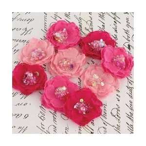  Prima Tasha Fabric Flowers With Beads 1 9/Pkg Ruby; 3 