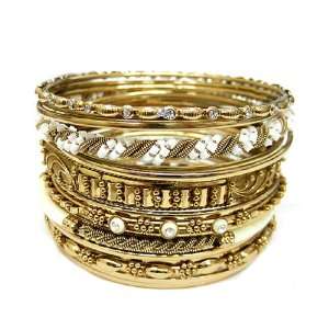  Goldtone White Seed Bead Bracelet Set: Jewelry