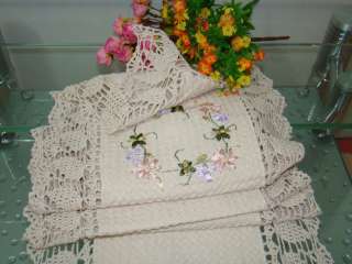 Hand Crochet Silk Ribbon Embroidered Table Runner 78  
