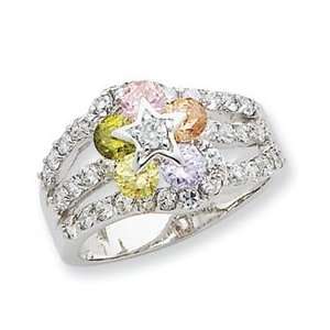  Sterling Silver Multicolor CZ Flower and Star Ring   Size 