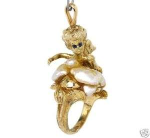 LOVELY 14K YELLOW GOLD, PEARLS & SAPPHIRES ANGEL RING  