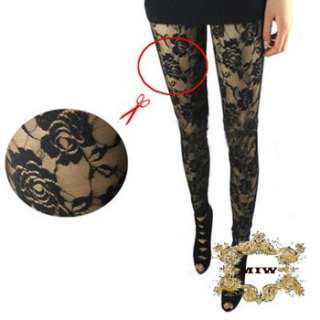New 2 Tone Leather Look & Floral Lace Fashion Black leggings ONE Size 