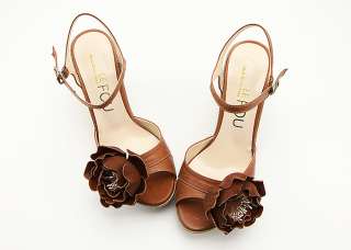 9296 Lambskin Flower Platform Wedge Handmade Sandals Brown US  