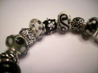 European Style Charm Bracelet Black White Murano Glass Beads Enamel 