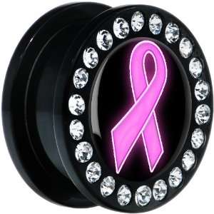   20mm Acrylic Black Pink Awareness Ribbon Gem Screw Fit Plug Jewelry