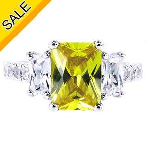   ON SALE! Yellow Emerald Cut Rhodium Plated 925 Sterling Silver Ring 8