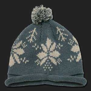 CHARCOAL GREY SNOWFLAKE DESIGN SHORT ROLL UP BEANIE WITH POM SKULL SKI 