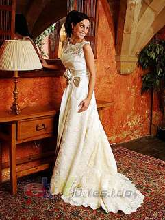 New Ivory Lace A Line Wedding bridal Dress satin ribbon big bow Custom 