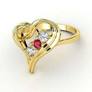  Mothers Heart Ring, Round Ruby 14K Yellow Gold Ring with 