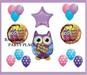HOOT OWL birthday party supplies balloons decorations pink purple 