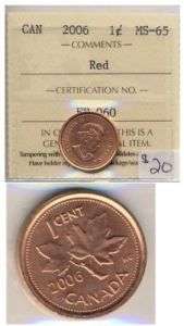 2006 Canada 1 cent ICCS Certified MS 65; Red  