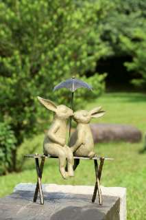 18 Aluminum Bunny Lovers on Bench Umbrella Garden Statue Figure 