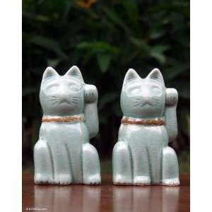    Celadon ceramic statuettes, Lucky Cats (pair)