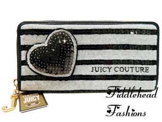 Juicy Couture Wallet Zip Around Clutch Gray Velour Black SEQUIN STRIPE 
