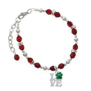  Silver Love with Green Paw Maroon Czech Glass Beaded Charm 