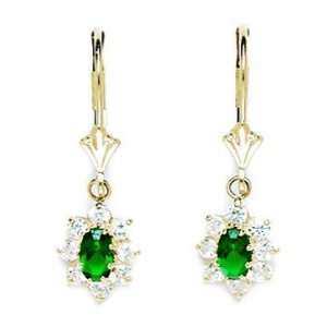 14k Yellow Gold May Birthstone Emerald 4x5mm CZ Oval Flower Leverback 
