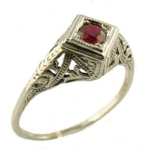   14k White Gold Antique Style Filigree .35ct Ruby Ring, Sz 10: Jewelry