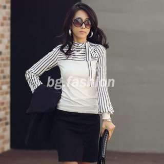 2012 New Womens Long Sleeve Tops Puff Blouse Stripe T Shirt Korea 